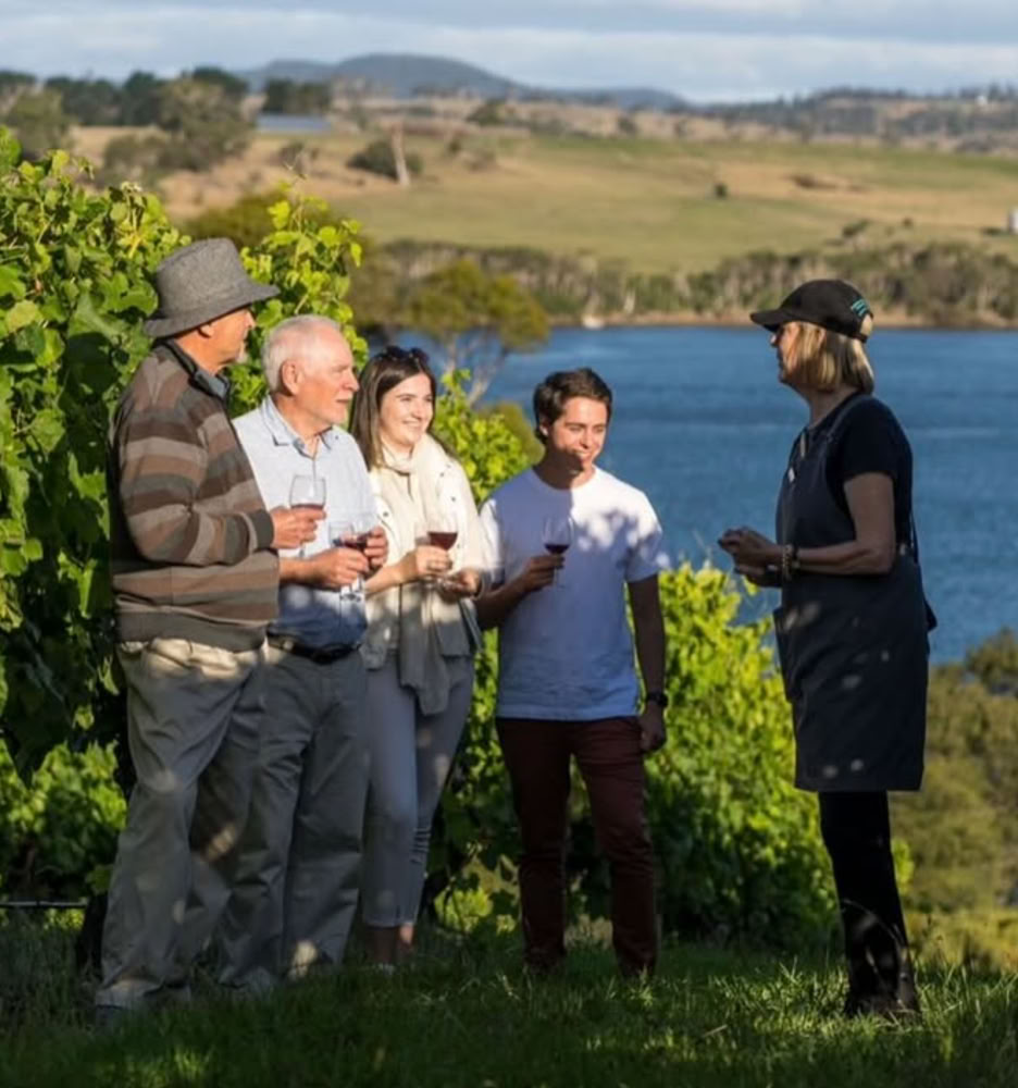 A group of five people at Wateron Hall standing outdoors near a vineyard, holding wine glasses, with a body of water and hills in the background.